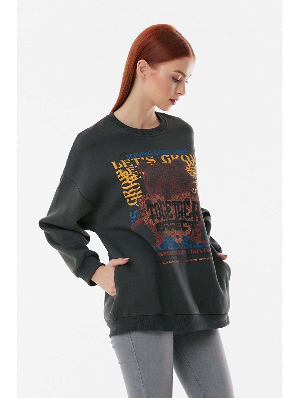 Antrasit Baskılı Bisiklet Yaka Cepli Sweatshirt-2