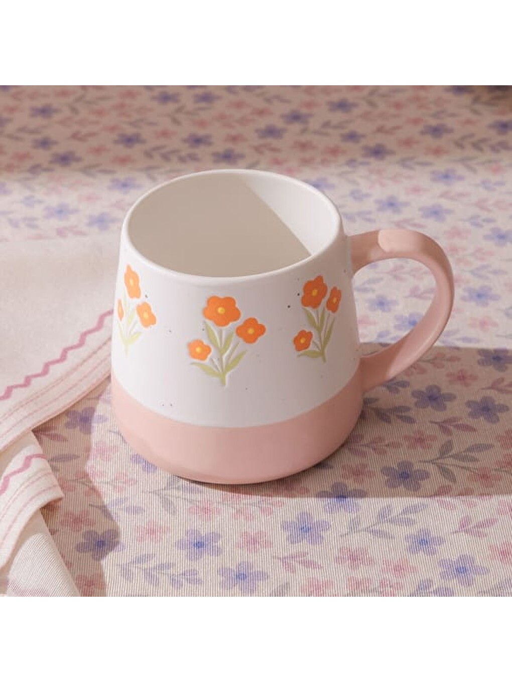 Kitchen Turuncu Çiçekli Seramik Kupa - Beyaz - 500 ml-5