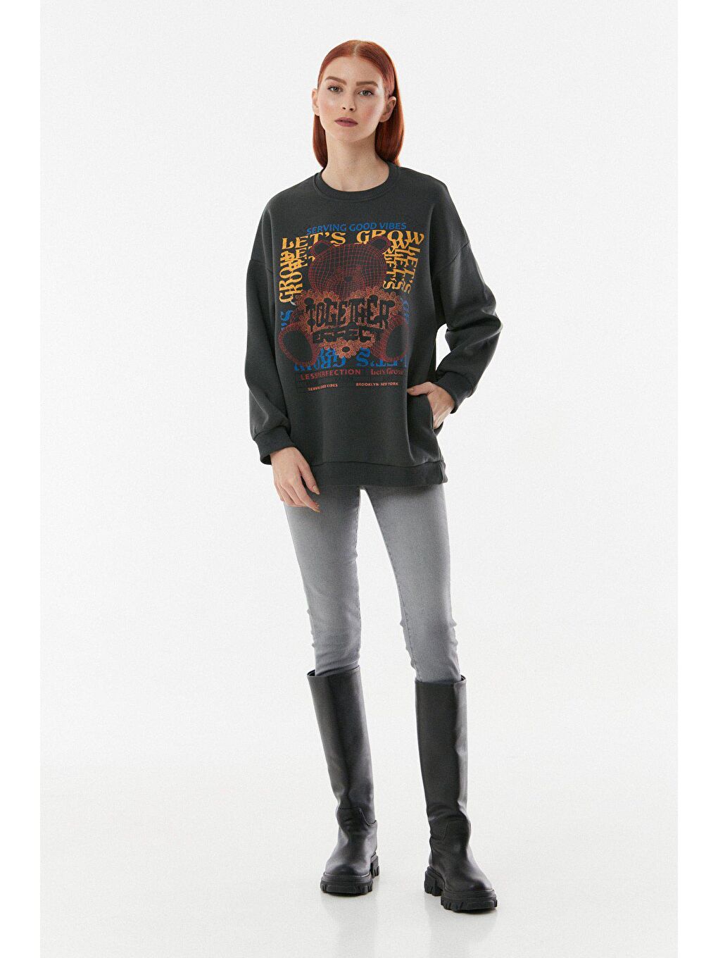 Antrasit Baskılı Bisiklet Yaka Cepli Sweatshirt-3