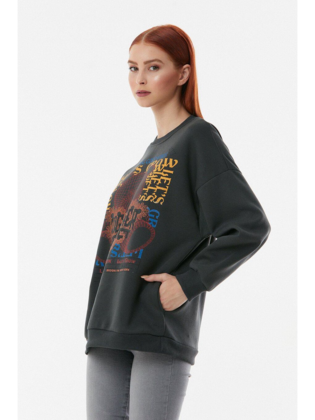 Antrasit Baskılı Bisiklet Yaka Cepli Sweatshirt-4