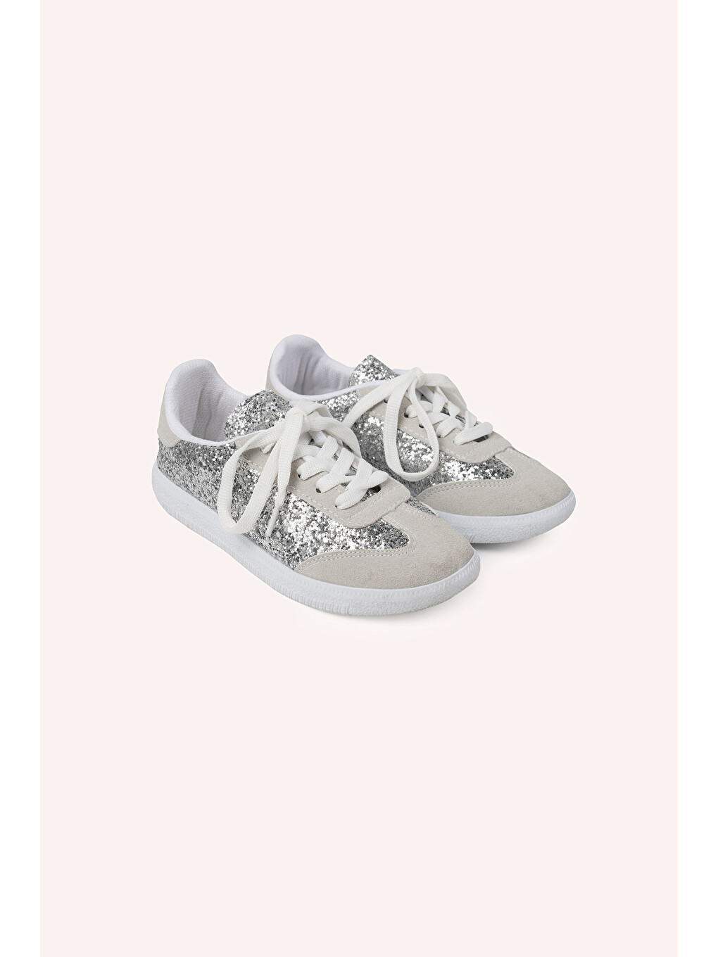 Gri Kız Çocuk Bağcıklı Simli Gümüş Sneaker-3