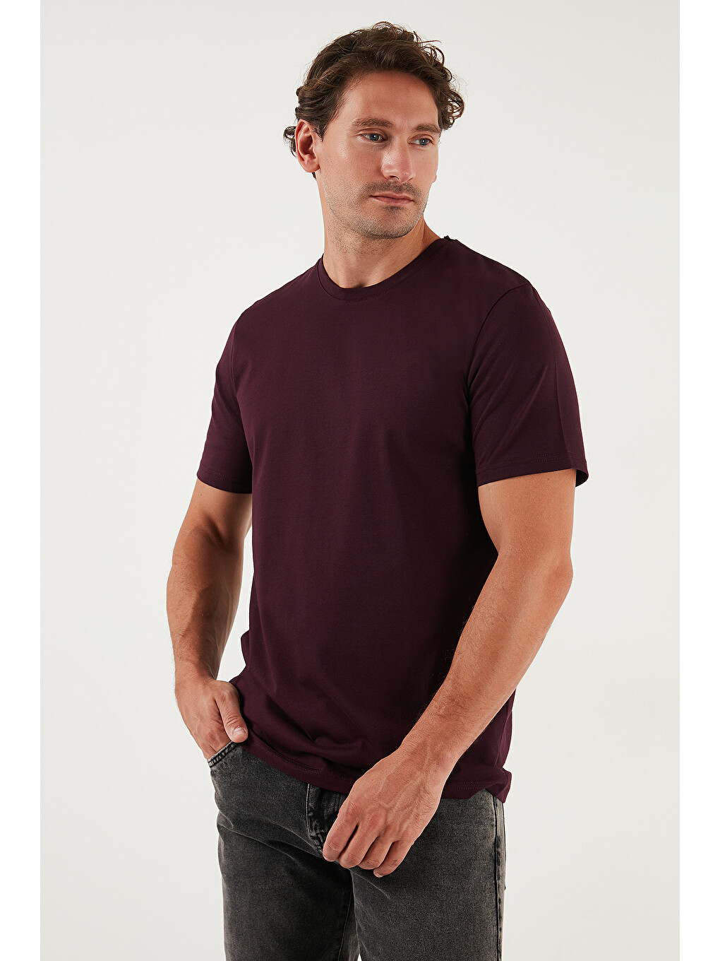 Bordo Pamuklu Regular Fit Bisiklet Yaka %100 Pamuk Tişört 59020204-4