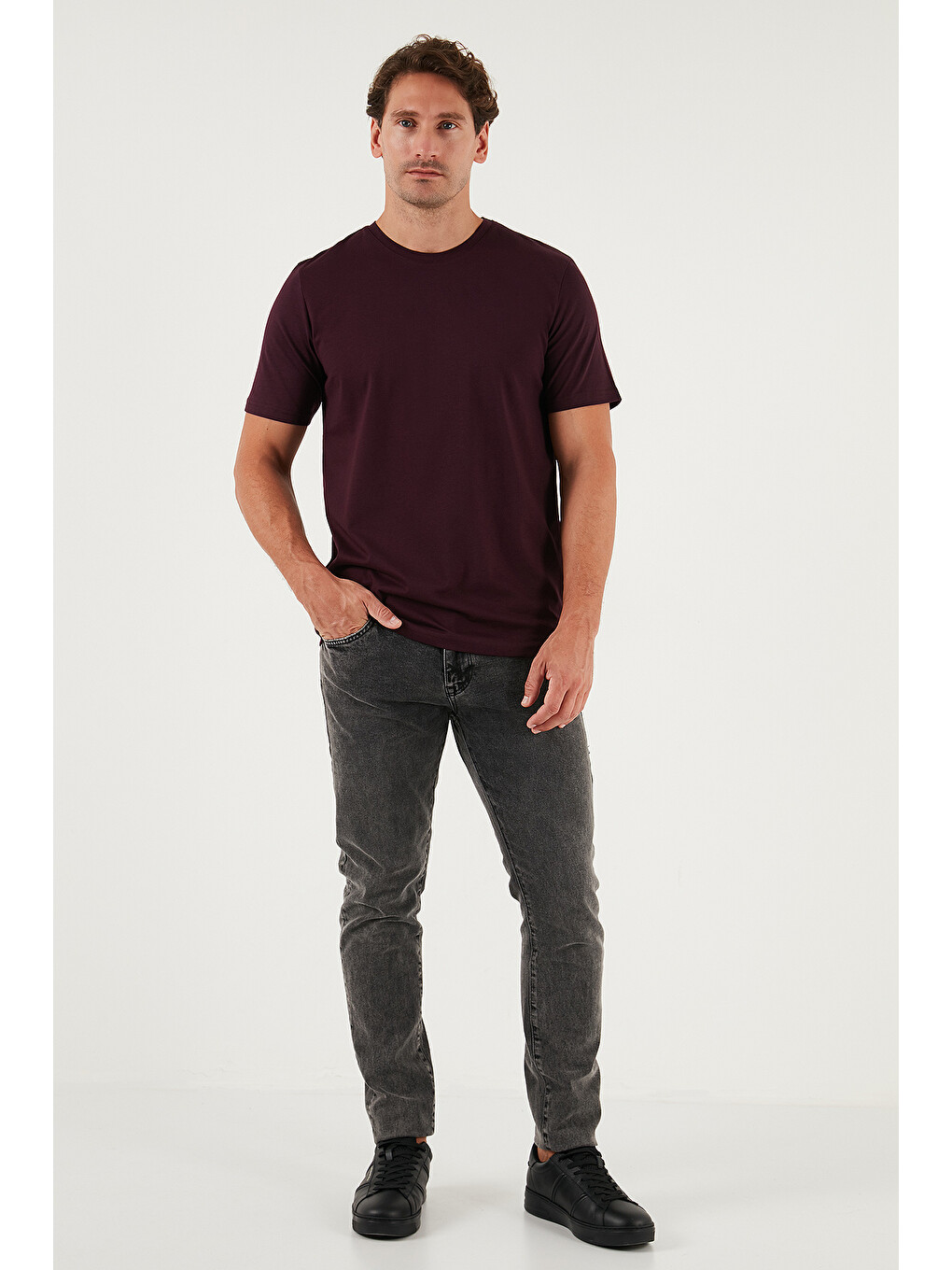 Bordo Pamuklu Regular Fit Bisiklet Yaka %100 Pamuk Tişört 59020204-1