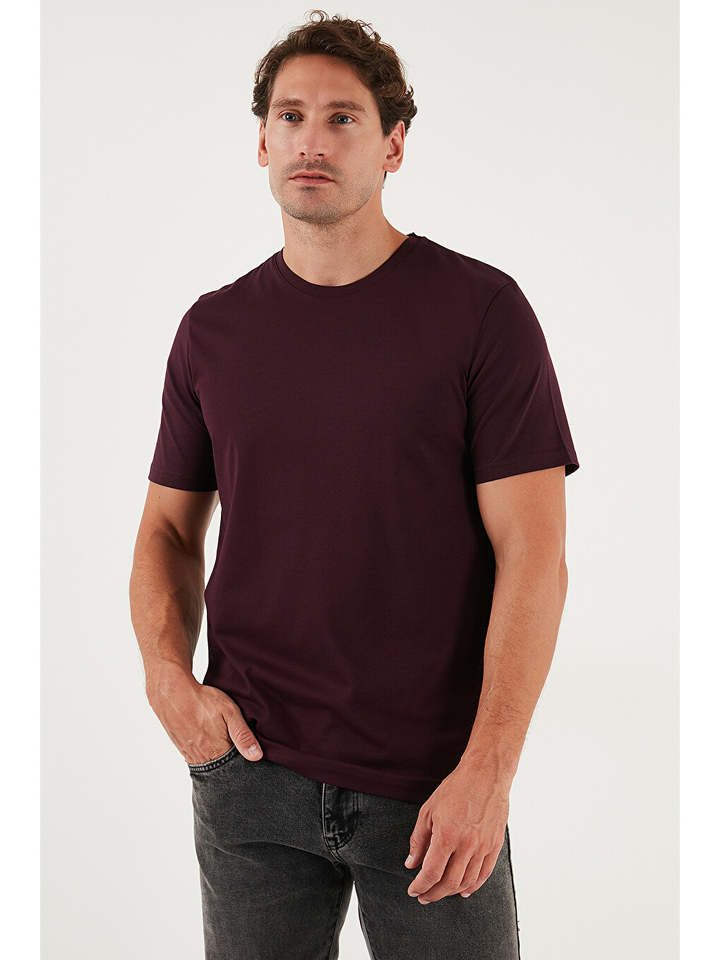 Bordo Pamuklu Regular Fit Bisiklet Yaka %100 Pamuk Tişört 59020204-2