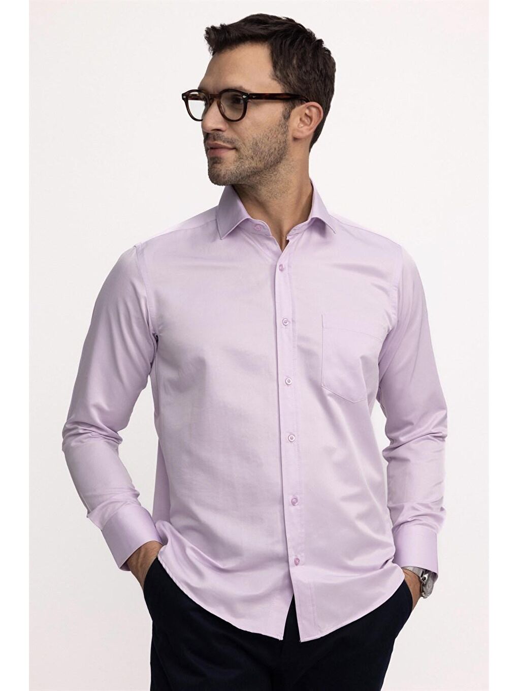 Pembe Klasik Fit Rahat Kesim Düz Erkek Gömlek-1