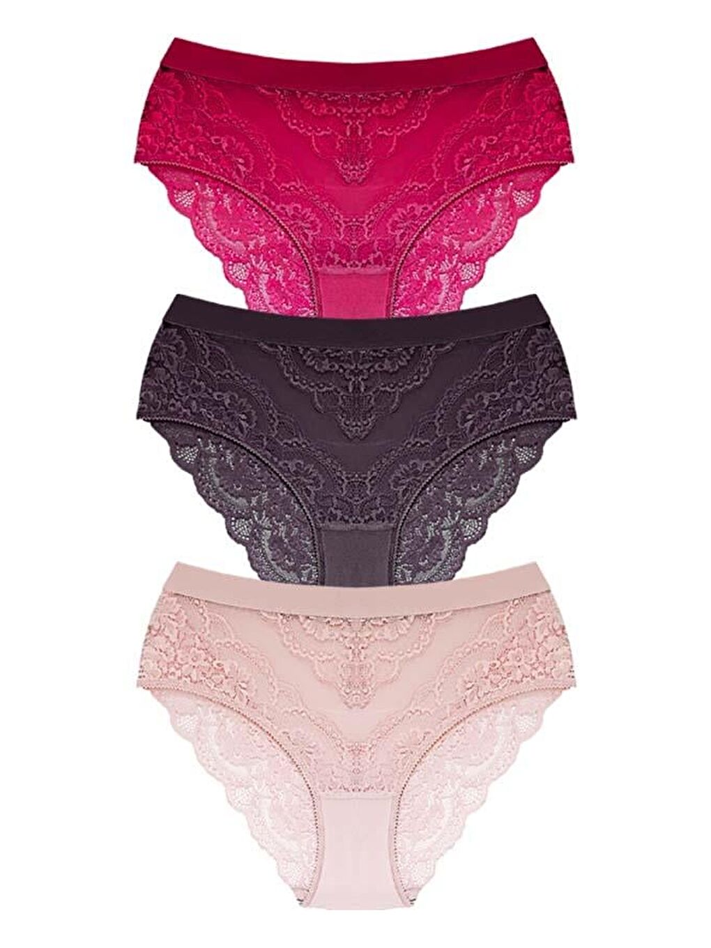 Karışık Dantelli Arkası Transparan Büyük Beden Bikini Külot 3'Lü Paket