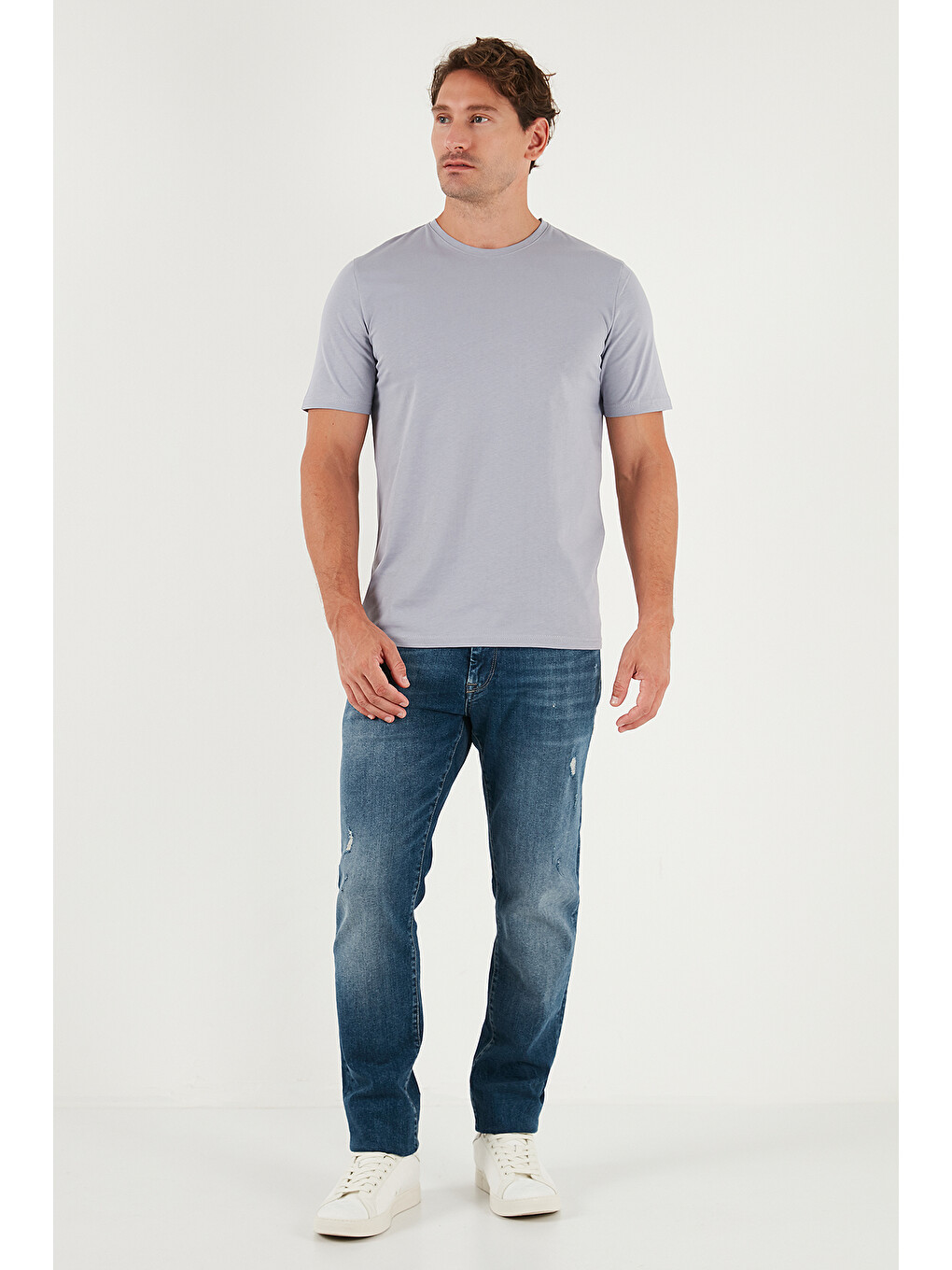 Gri Pamuklu Regular Fit Bisiklet Yaka %100 Pamuk Tişört 59020204-1