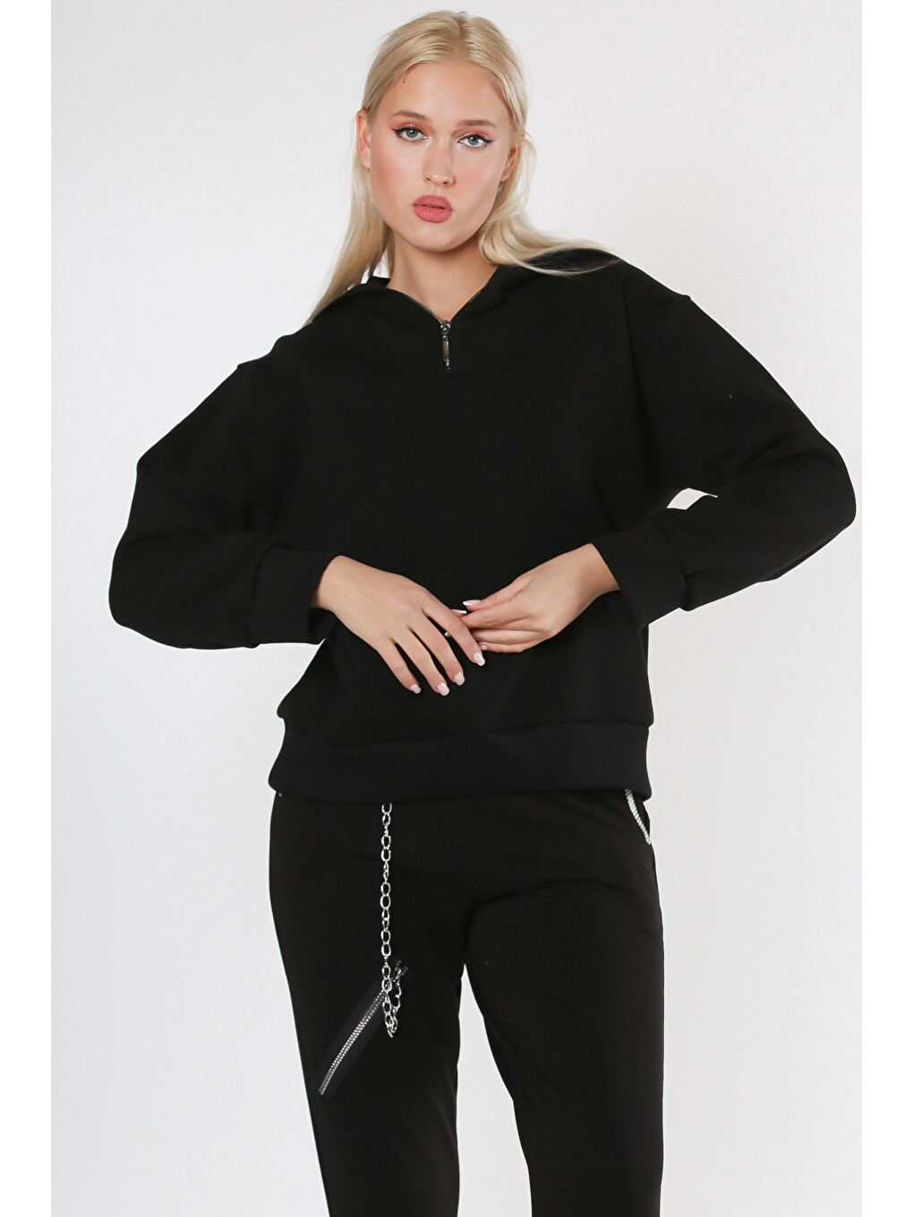 Siyah Fermuarlı Yaka Uzun Kol Örme Sweatshirt-3