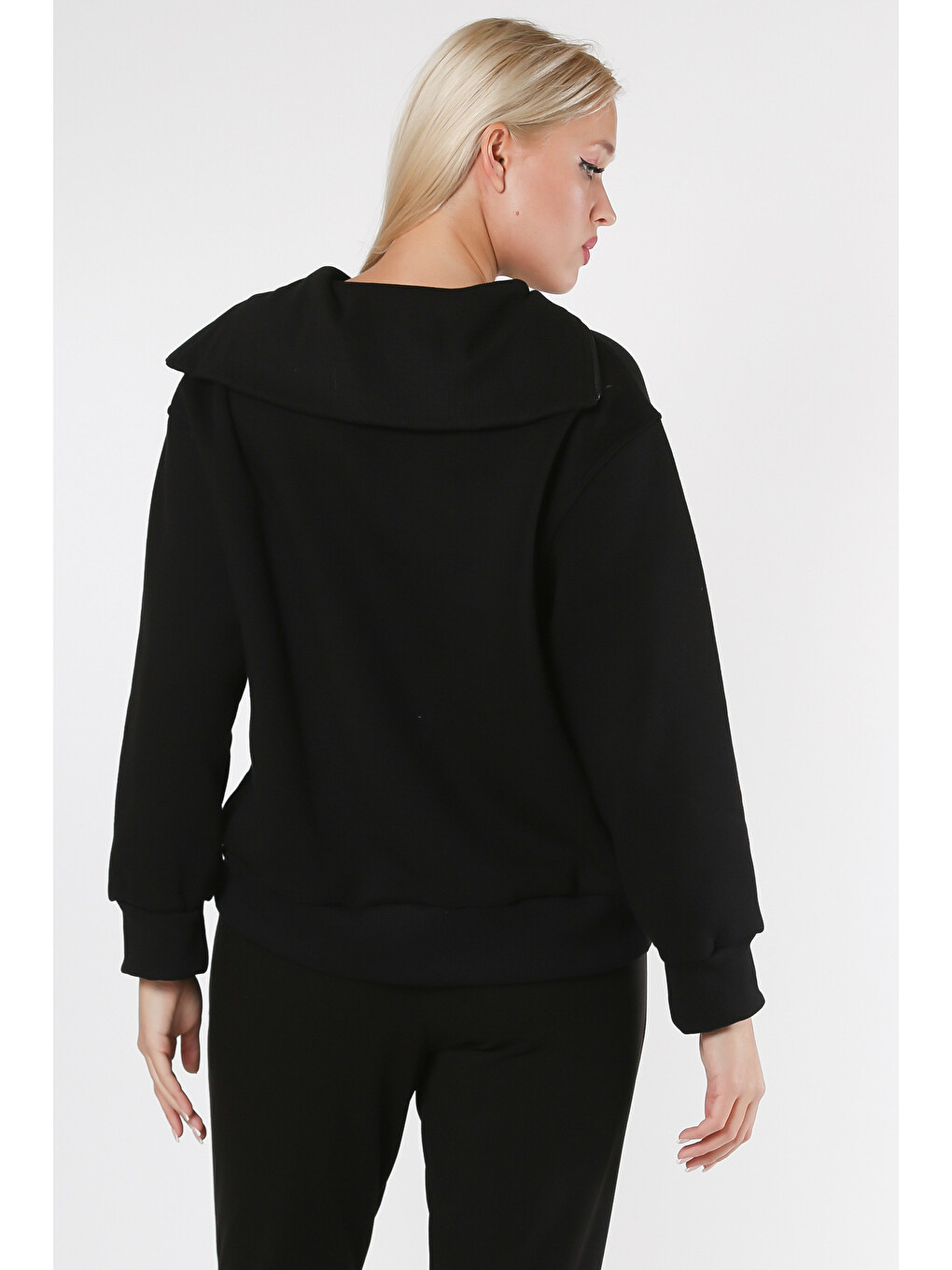 Siyah Fermuarlı Yaka Uzun Kol Örme Sweatshirt-6