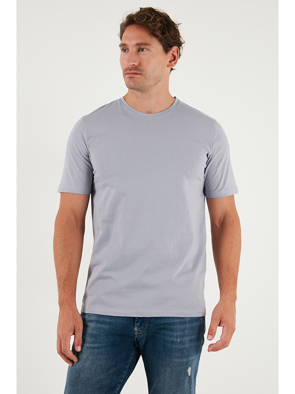Gri Pamuklu Regular Fit Bisiklet Yaka %100 Pamuk Tişört 59020204-2