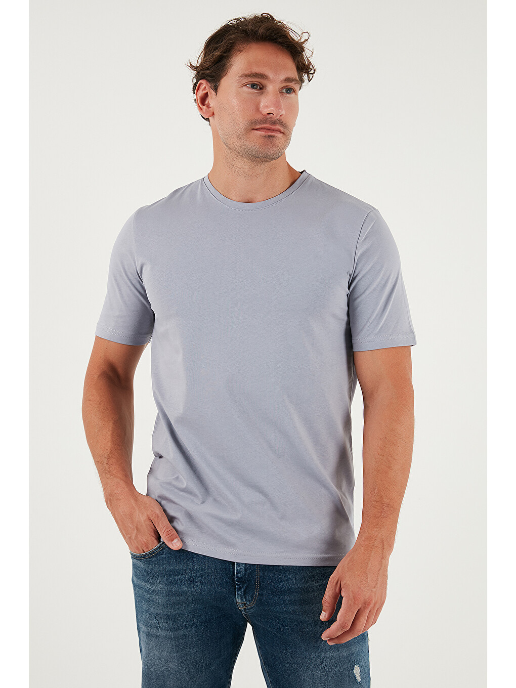 Gri Pamuklu Regular Fit Bisiklet Yaka %100 Pamuk Tişört 59020204-3