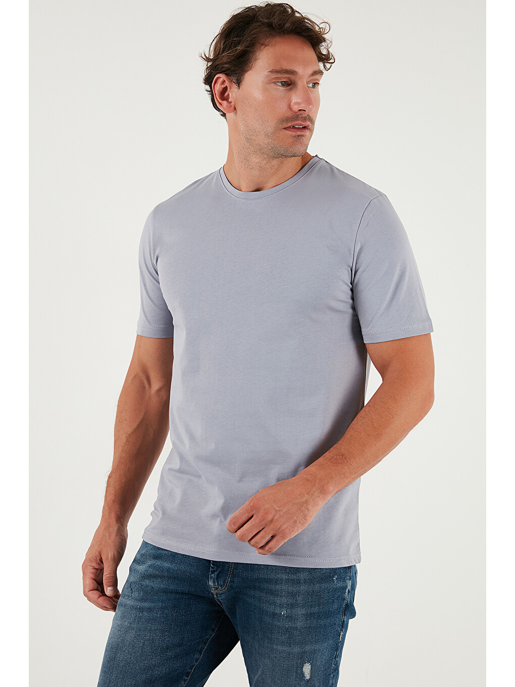 Gri Pamuklu Regular Fit Bisiklet Yaka %100 Pamuk Tişört 59020204-4