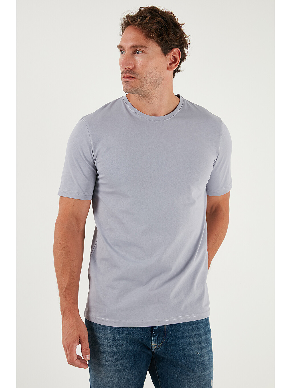 Gri Pamuklu Regular Fit Bisiklet Yaka %100 Pamuk Tişört 59020204-5