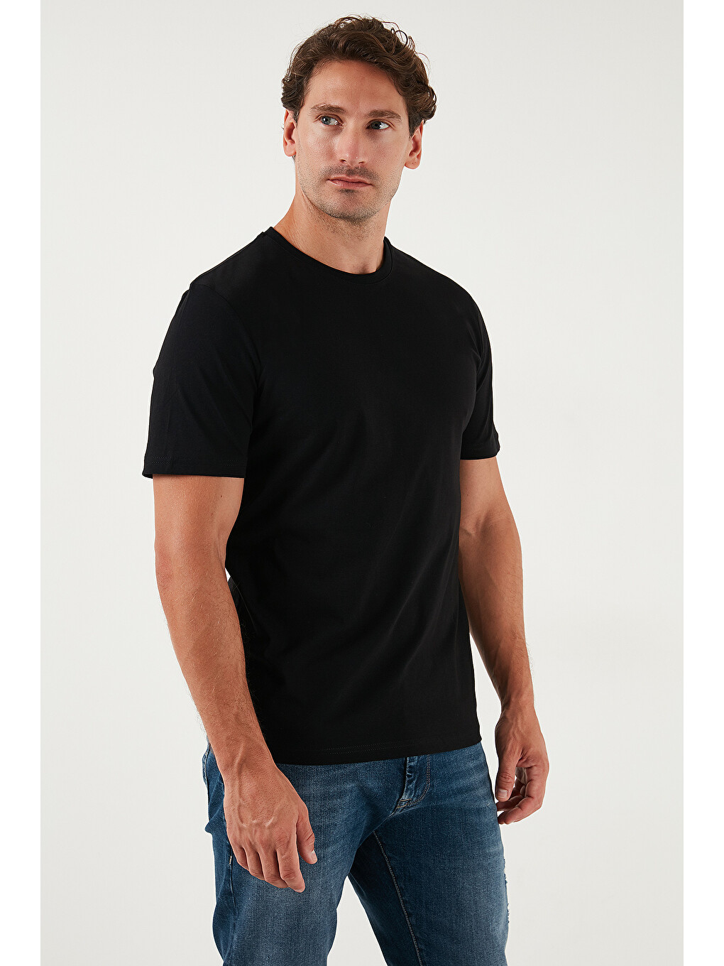 Siyah Pamuklu Regular Fit Bisiklet Yaka %100 Pamuk Tişört 59020204-3