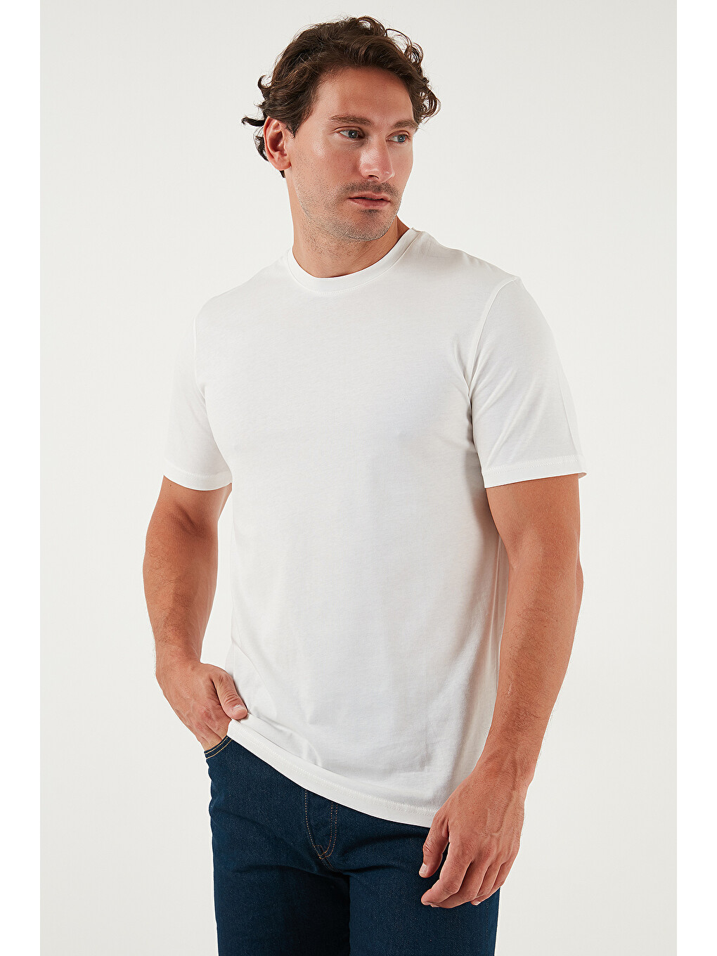 Ekru Pamuklu Regular Fit Bisiklet Yaka %100 Pamuk Tişört 59020204-5