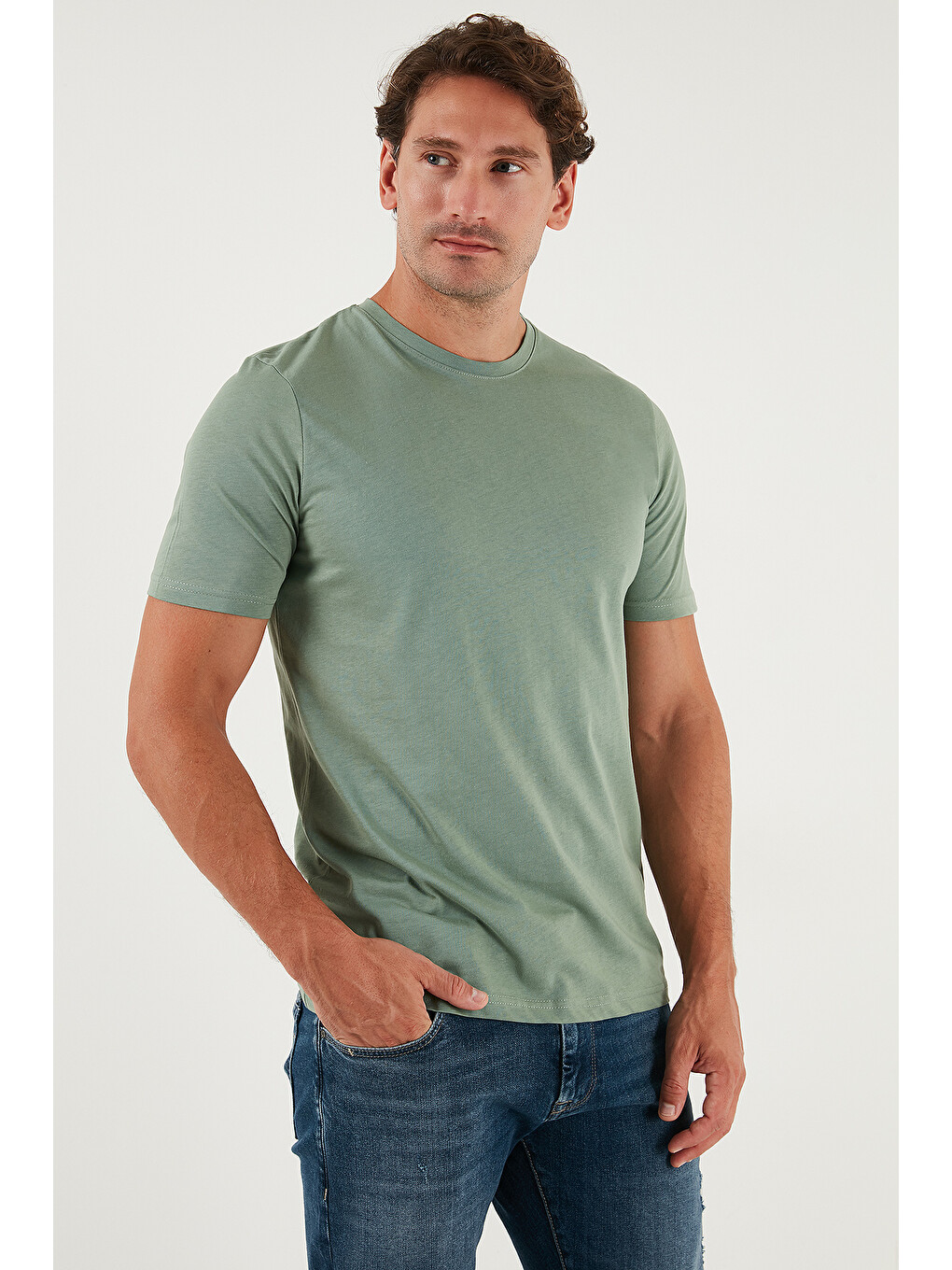 Yeşil Pamuklu Regular Fit Bisiklet Yaka %100 Pamuk Tişört 59020204-1