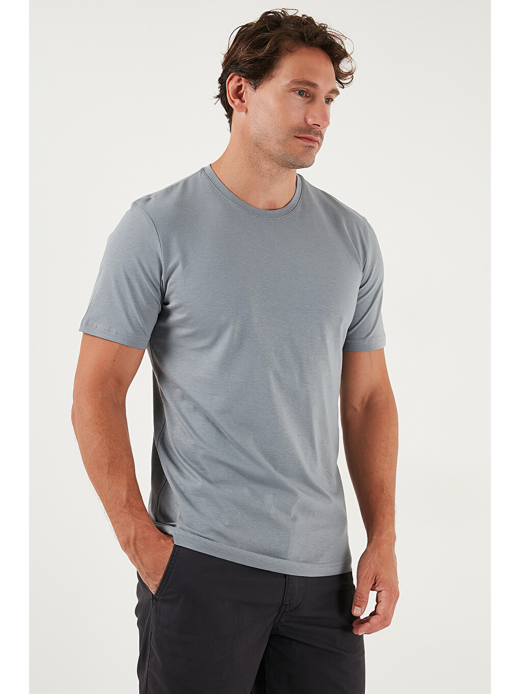 Gri Pamuklu Regular Fit Bisiklet Yaka %100 Pamuk Tişört 59020204-2