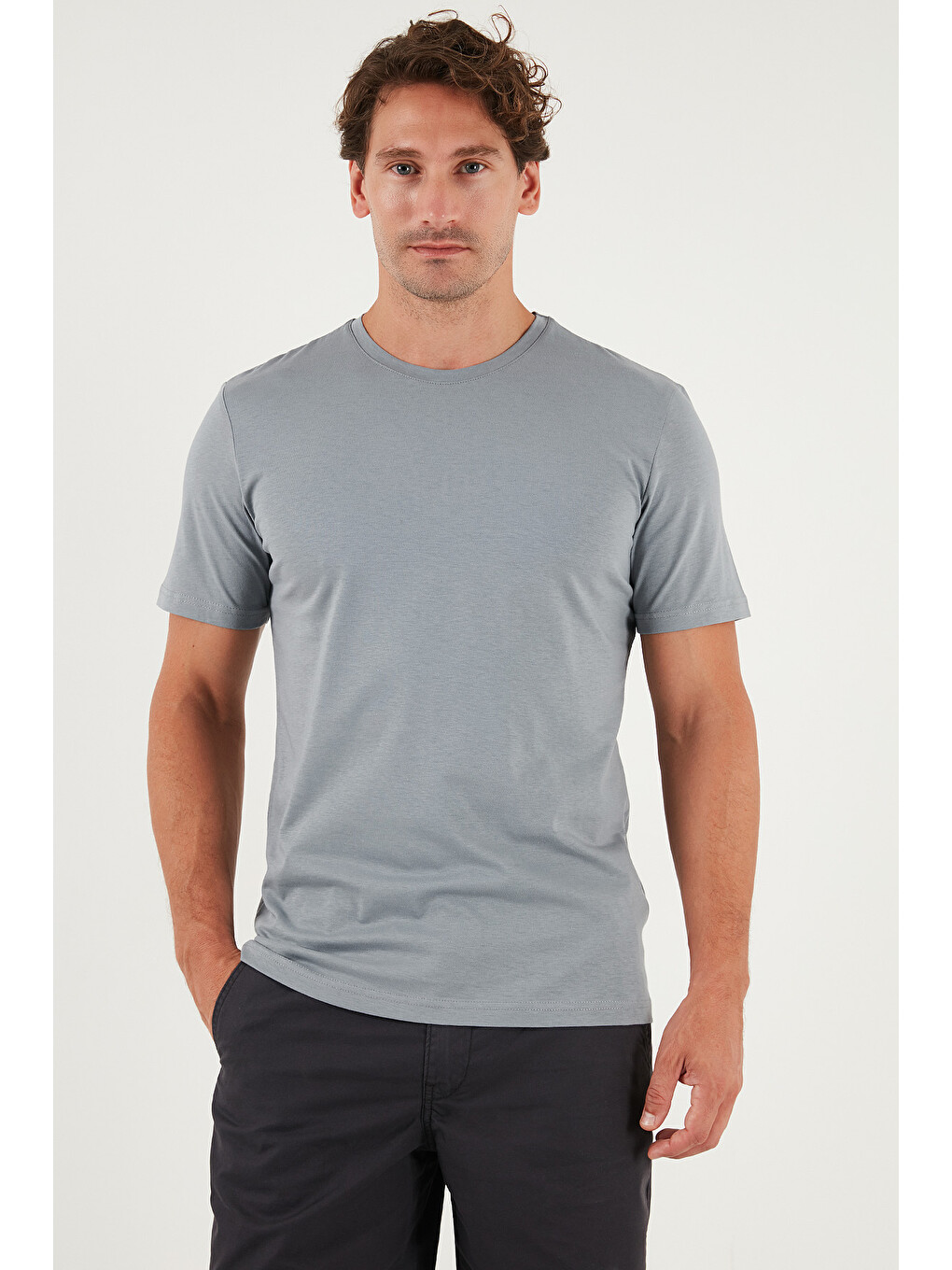 Gri Pamuklu Regular Fit Bisiklet Yaka %100 Pamuk Tişört 59020204-3