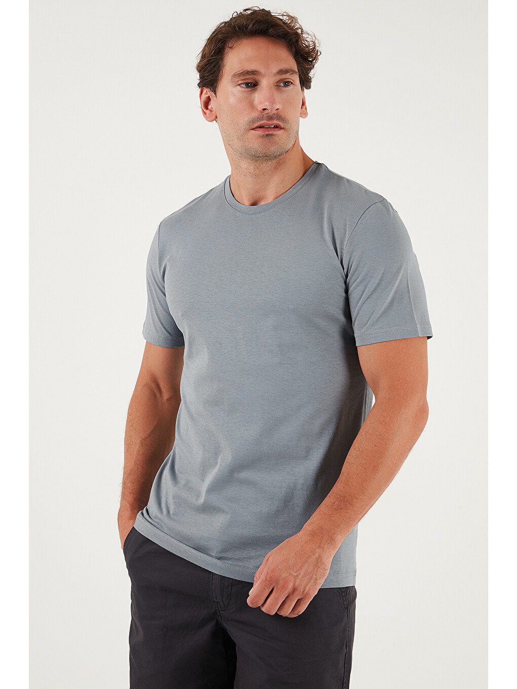 Gri Pamuklu Regular Fit Bisiklet Yaka %100 Pamuk Tişört 59020204-4