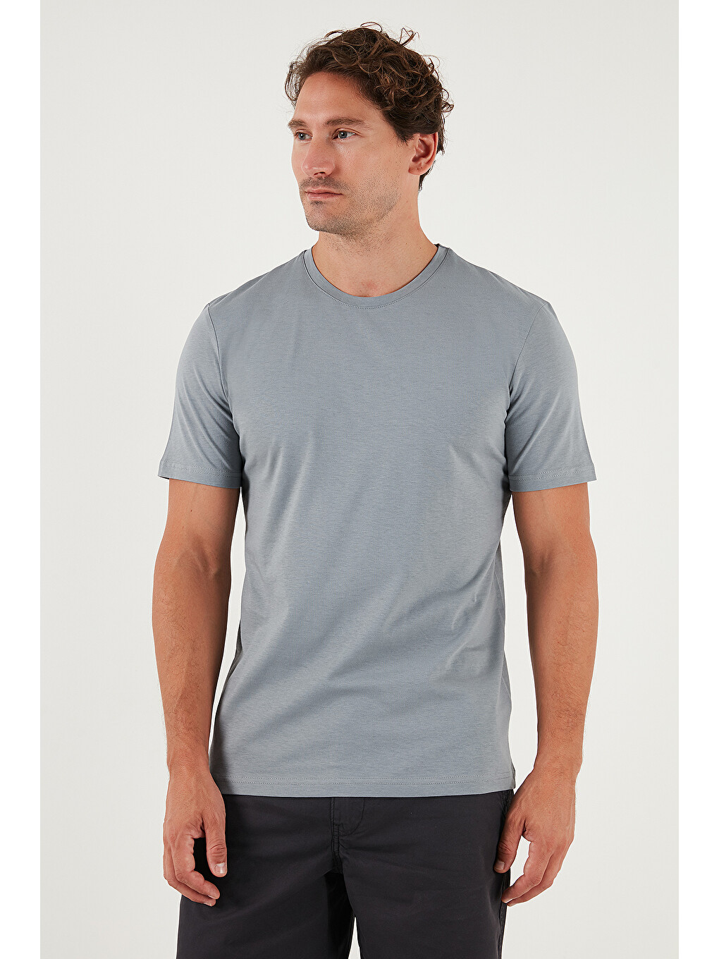 Gri Pamuklu Regular Fit Bisiklet Yaka %100 Pamuk Tişört 59020204-5