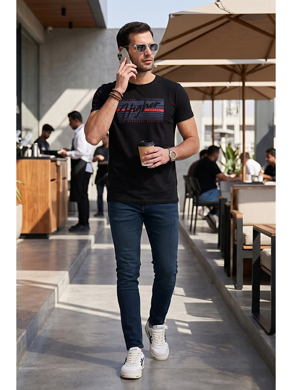 Siyah Pamuklu Slim Fit Bisiklet Yaka Baskılı %100 Pamuk Tişört 541hıgher