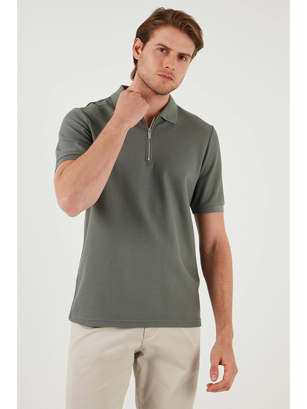 Haki Pamuklu Regular Fit Fermuarlı Erkek Polo Yaka %100 Pamuk Tişört 5902434-3
