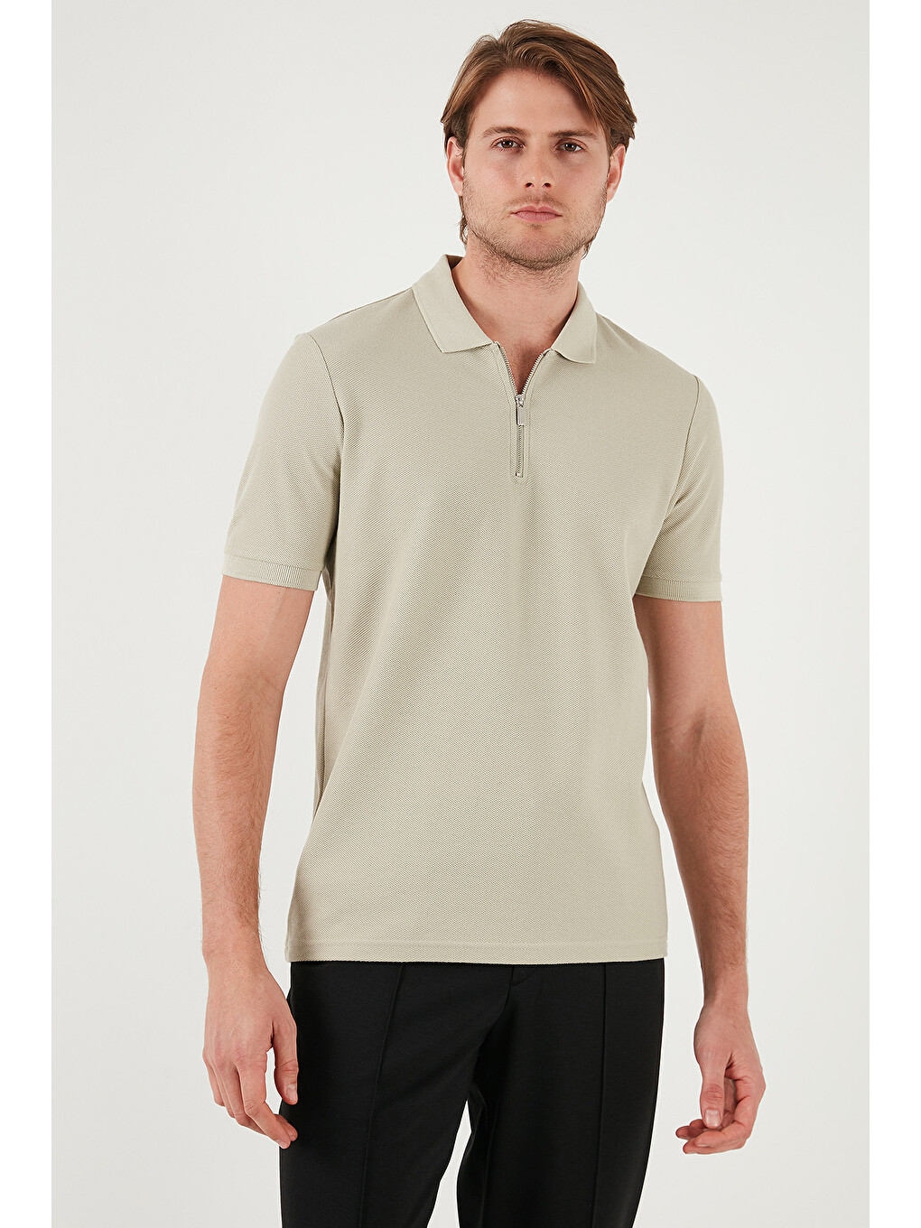 Bej Pamuklu Regular Fit Fermuarlı Erkek Polo Yaka %100 Pamuk Tişört 5902434-2