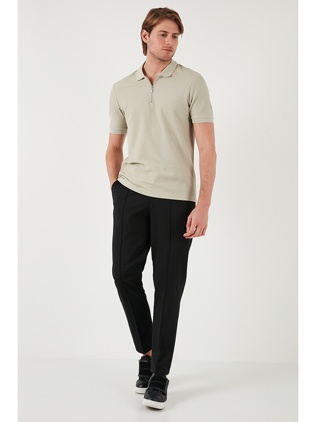 Bej Pamuklu Regular Fit Fermuarlı Erkek Polo Yaka %100 Pamuk Tişört 5902434-3
