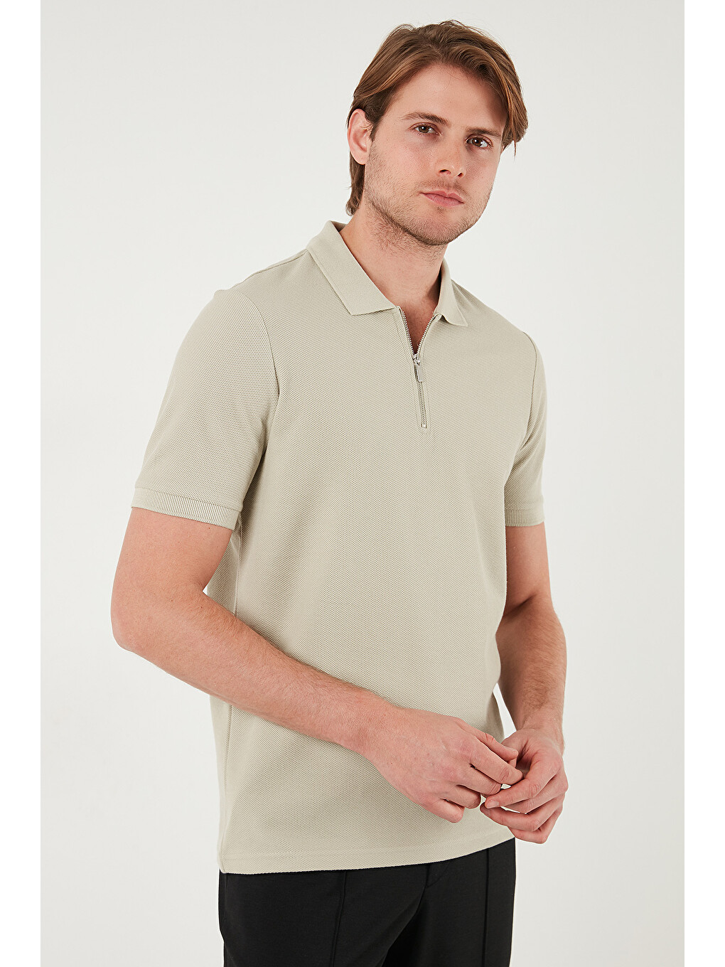 Bej Pamuklu Regular Fit Fermuarlı Erkek Polo Yaka %100 Pamuk Tişört 5902434-4