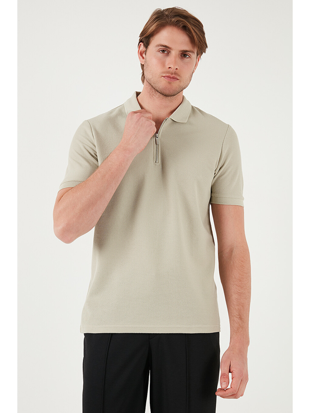 Bej Pamuklu Regular Fit Fermuarlı Erkek Polo Yaka %100 Pamuk Tişört 5902434-5