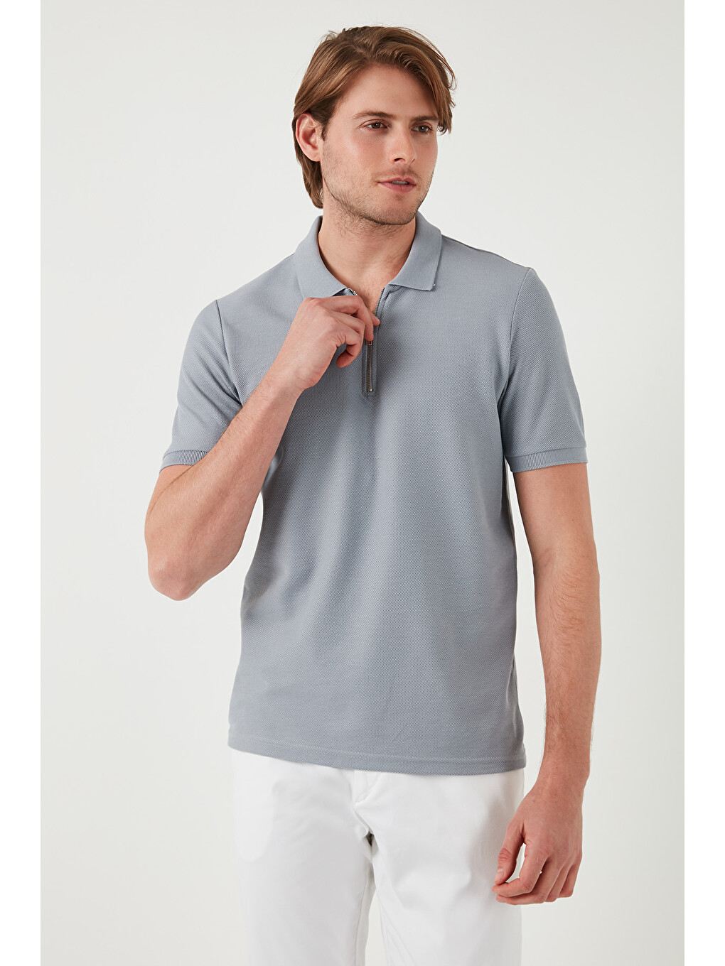 Gri Pamuklu Regular Fit Fermuarlı Erkek Polo Yaka %100 Pamuk Tişört 5902434-2