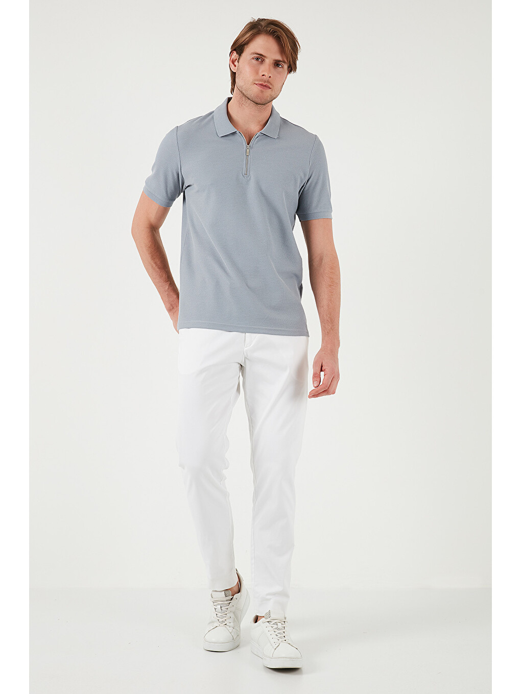 Gri Pamuklu Regular Fit Fermuarlı Erkek Polo Yaka %100 Pamuk Tişört 5902434-3