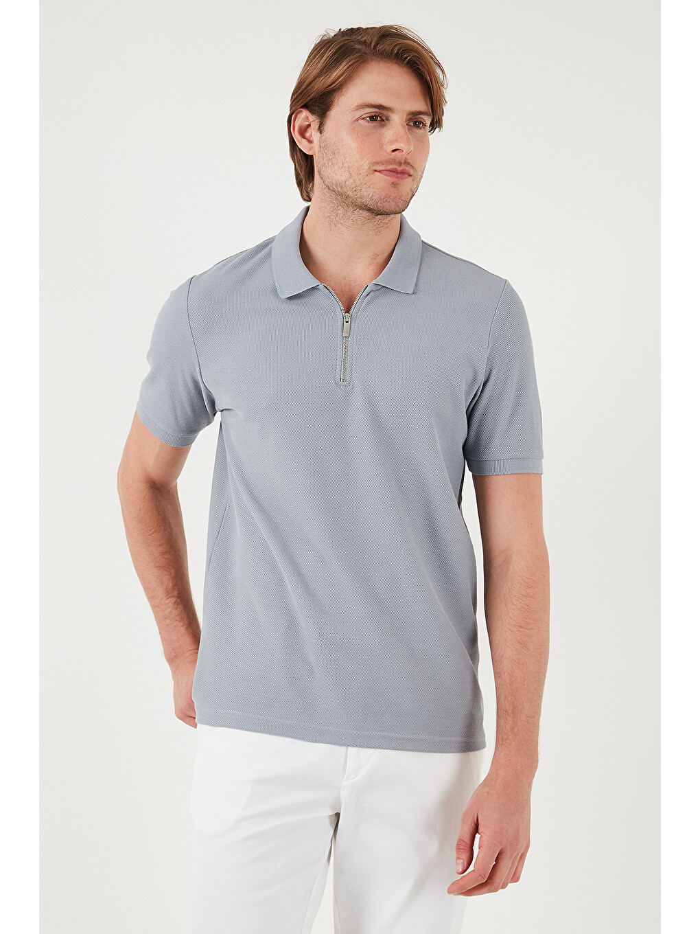 Gri Pamuklu Regular Fit Fermuarlı Erkek Polo Yaka %100 Pamuk Tişört 5902434-4