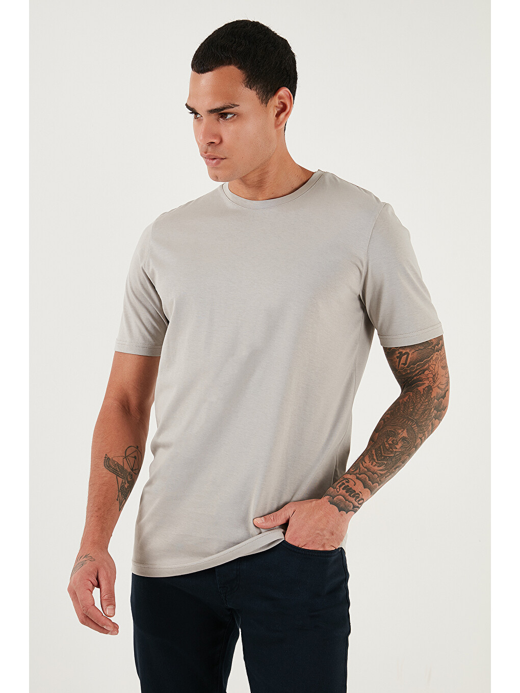 Gri Pamuklu Regular Fit Bisiklet Yaka %100 Pamuk Tişört 59020204-2