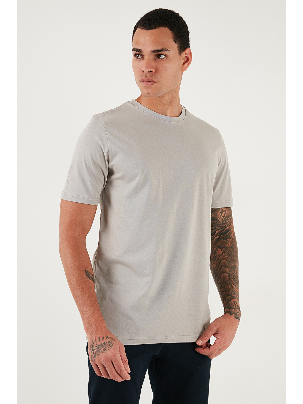Gri Pamuklu Regular Fit Bisiklet Yaka %100 Pamuk Tişört 59020204-3