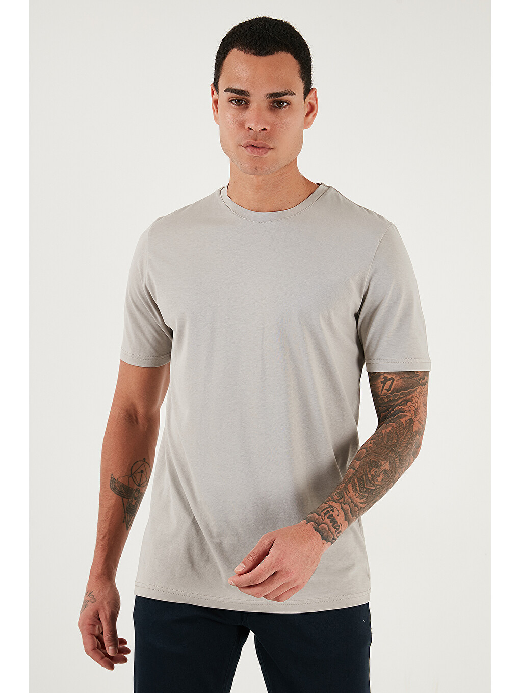 Gri Pamuklu Regular Fit Bisiklet Yaka %100 Pamuk Tişört 59020204-4