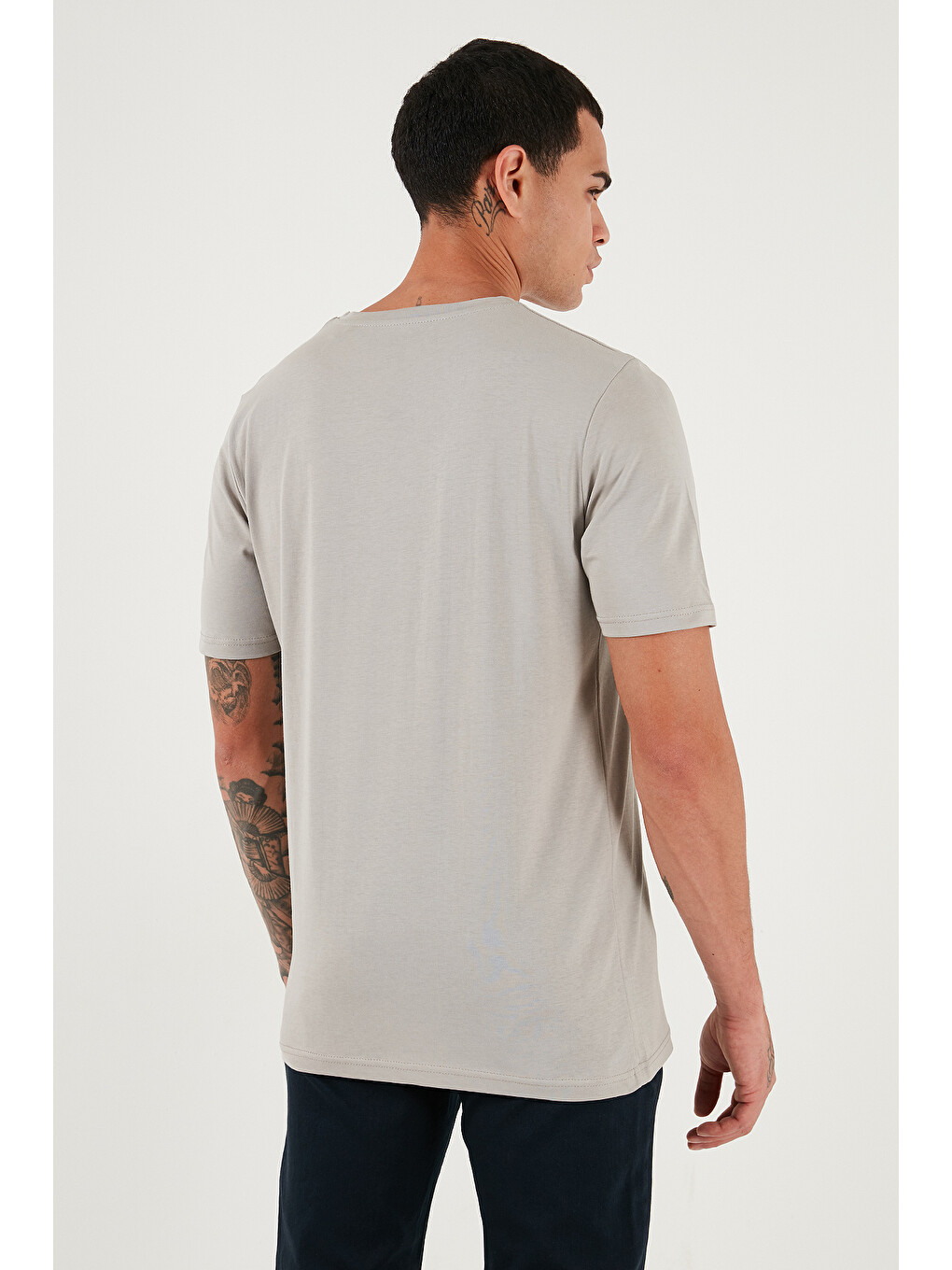 Gri Pamuklu Regular Fit Bisiklet Yaka %100 Pamuk Tişört 59020204-5