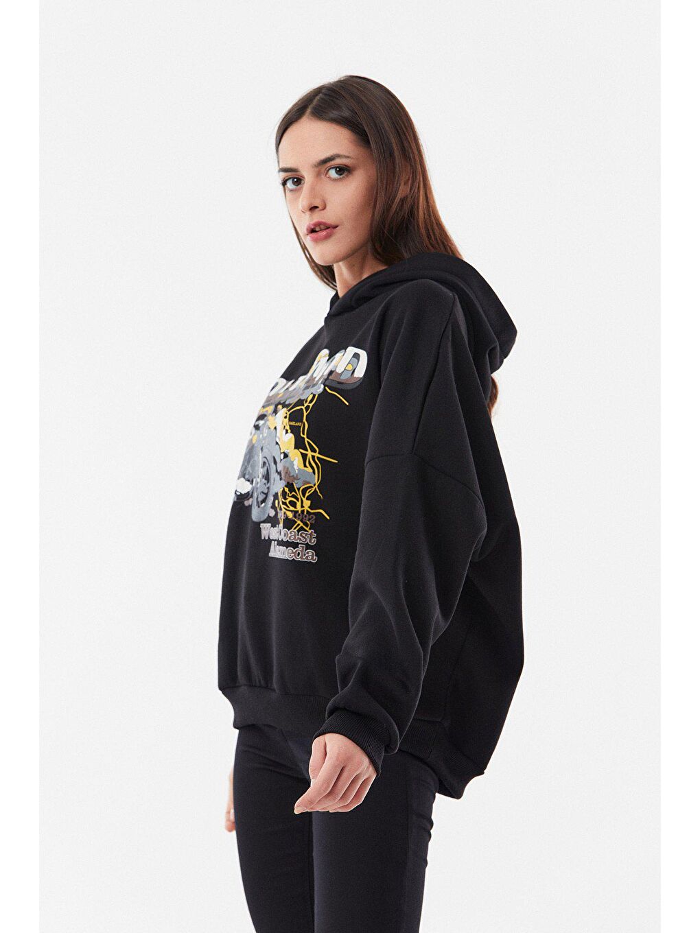 Siyah Baskılı Kapüşonlu Oversize Sweatshirt-1