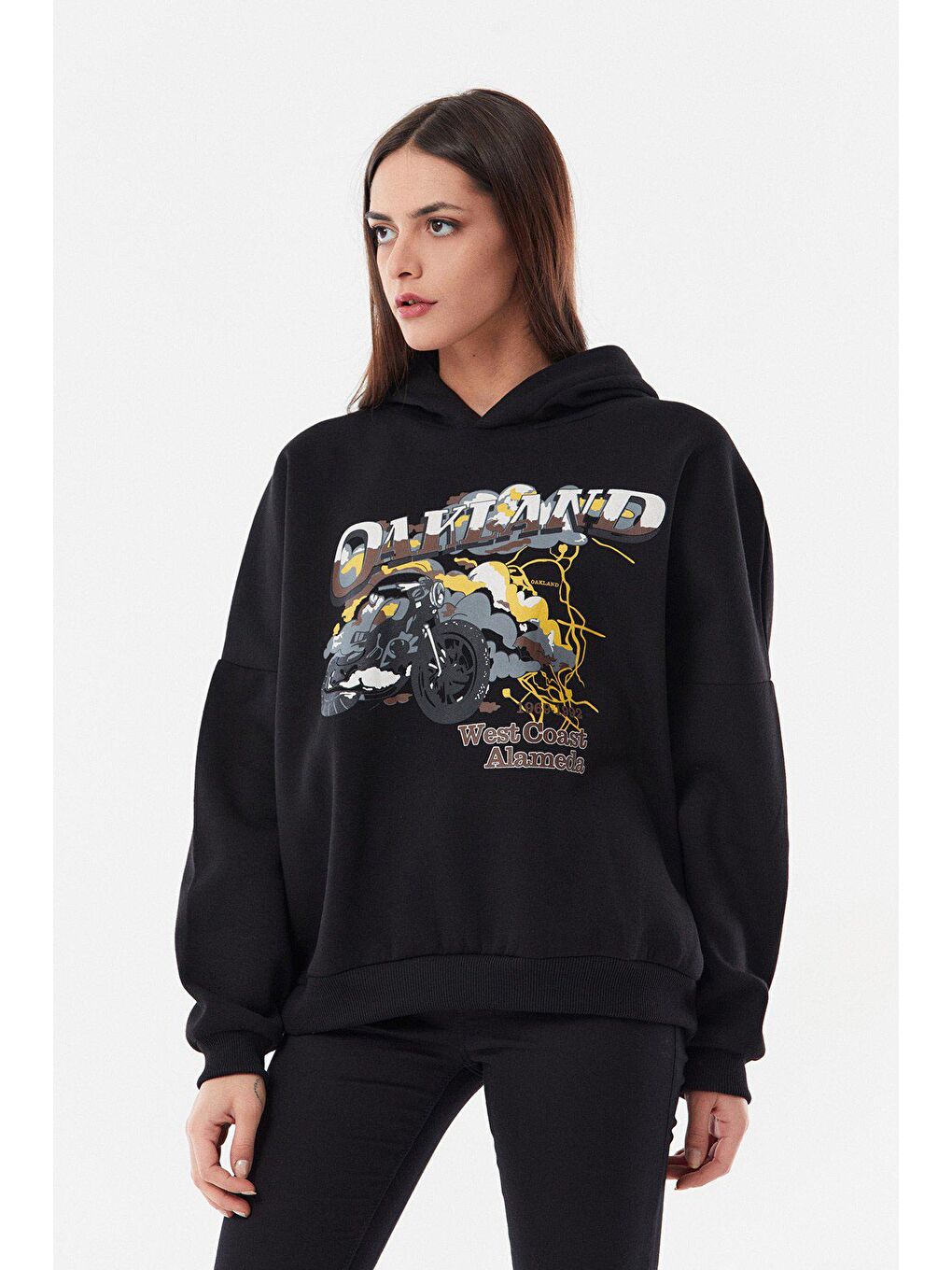 Siyah Baskılı Kapüşonlu Oversize Sweatshirt-2