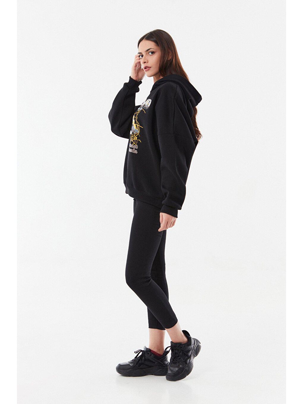 Siyah Baskılı Kapüşonlu Oversize Sweatshirt-3