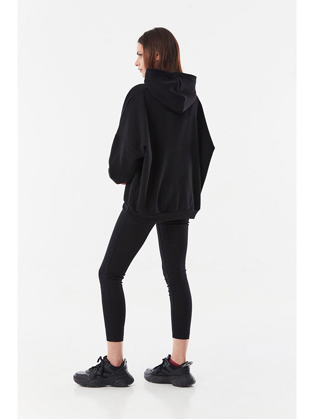 Siyah Baskılı Kapüşonlu Oversize Sweatshirt-4