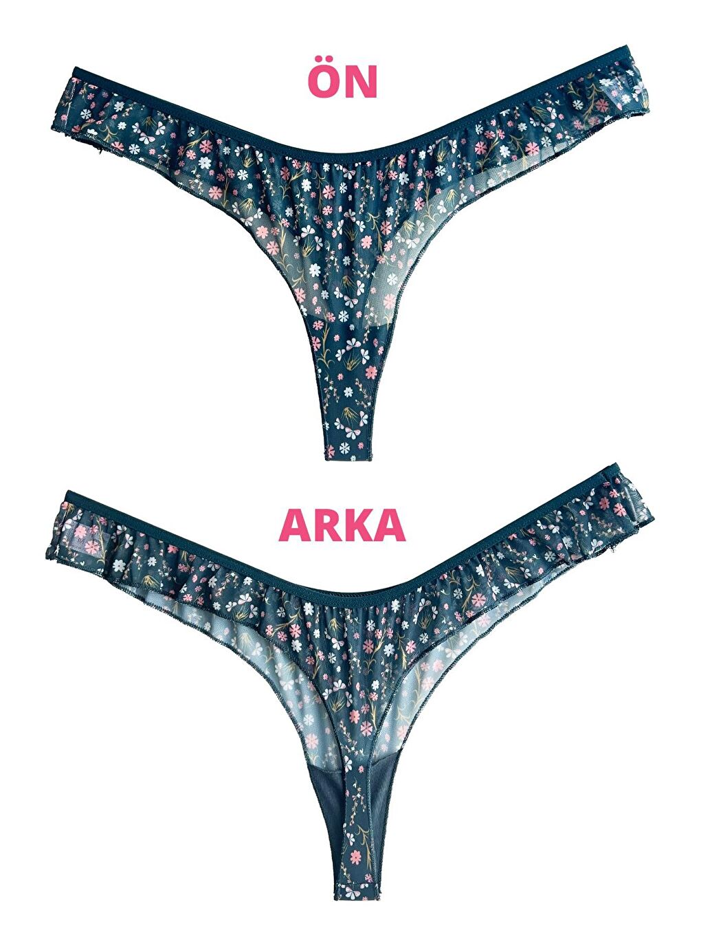 Tenan Yeşili Çiçek Desenli Tül Kenarları Fırfırlı Tanga Külot-1