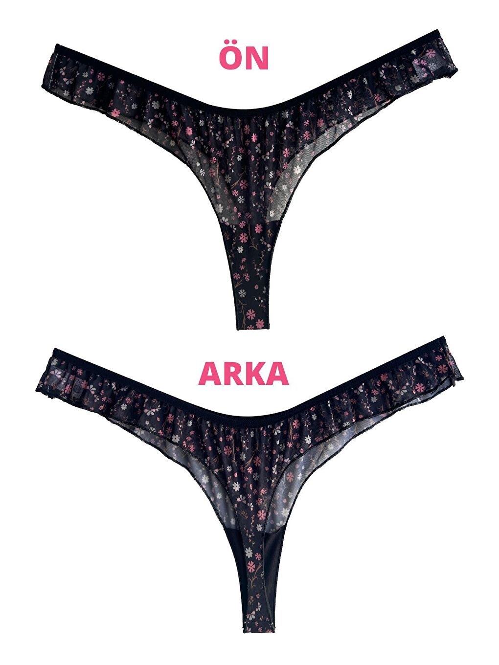 Siyah Çiçek Desenli Tül Kenarları Fırfırlı Tanga Külot-1