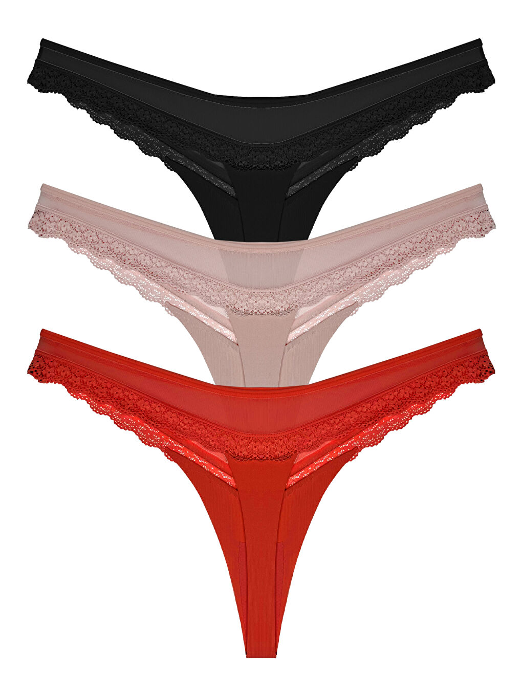Karışık Tül Ve Dantel Detaylı Kadın Tanga 3'Lü Paket Külot - 3
