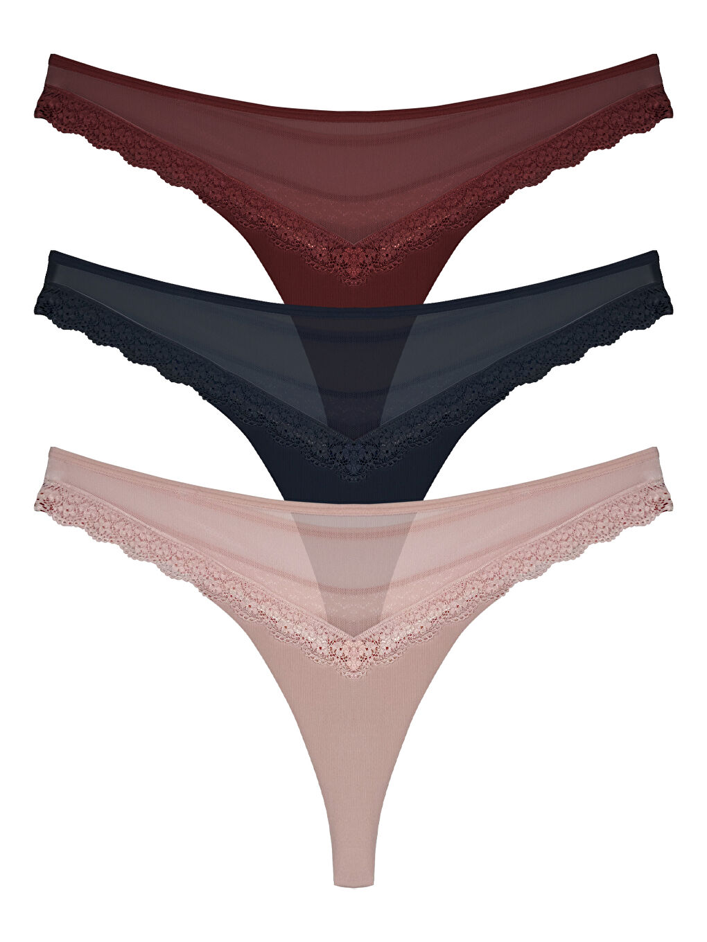 Karışık Tül Ve Dantel Detaylı Kadın Tanga 3'Lü Paket Külot