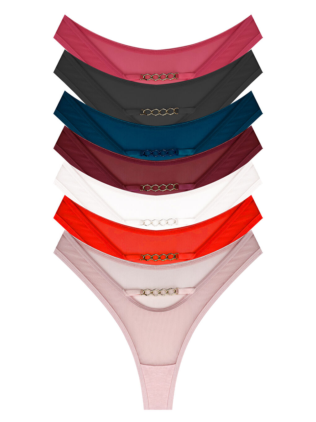 Karışık Tüllü Transparan Zincir Detaylı Kadın Brezilya Külot 7'Li Paket