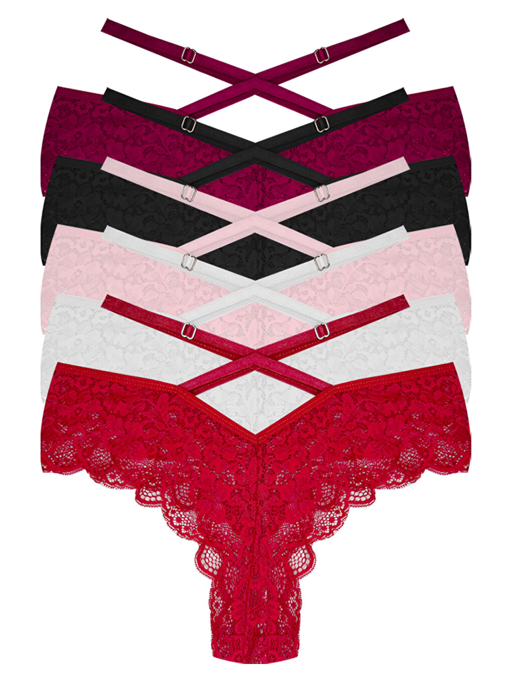 Karışık Dantelli Ayarlanabilir Lastikli Taşlı Brezilya Külot 5'Li Paket