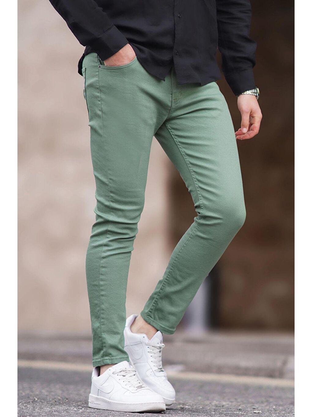 Yeşil Kanvas Slim Fit Erkek %100 Pamuk Pantolon-1