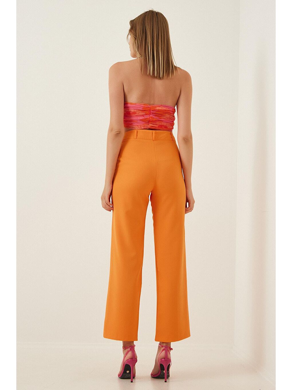 Turuncu Kadın Oranj Yüksek Bel Bol Paça Nervür Dikişli Elastanlı Dokuma Pantolon HZL22S-BD165421-2