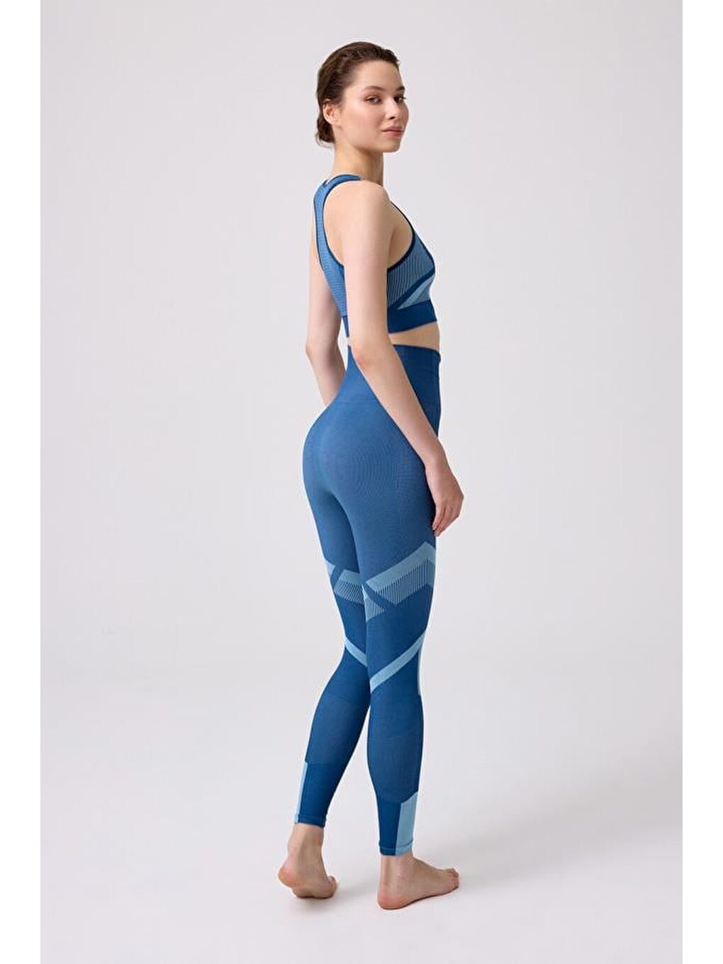 Turkuaz Seamless Mavi Takım Sporcu Yüksek Bel Tayt Ve Kalın Askılı Balensiz Crop Top Büstiyer-1